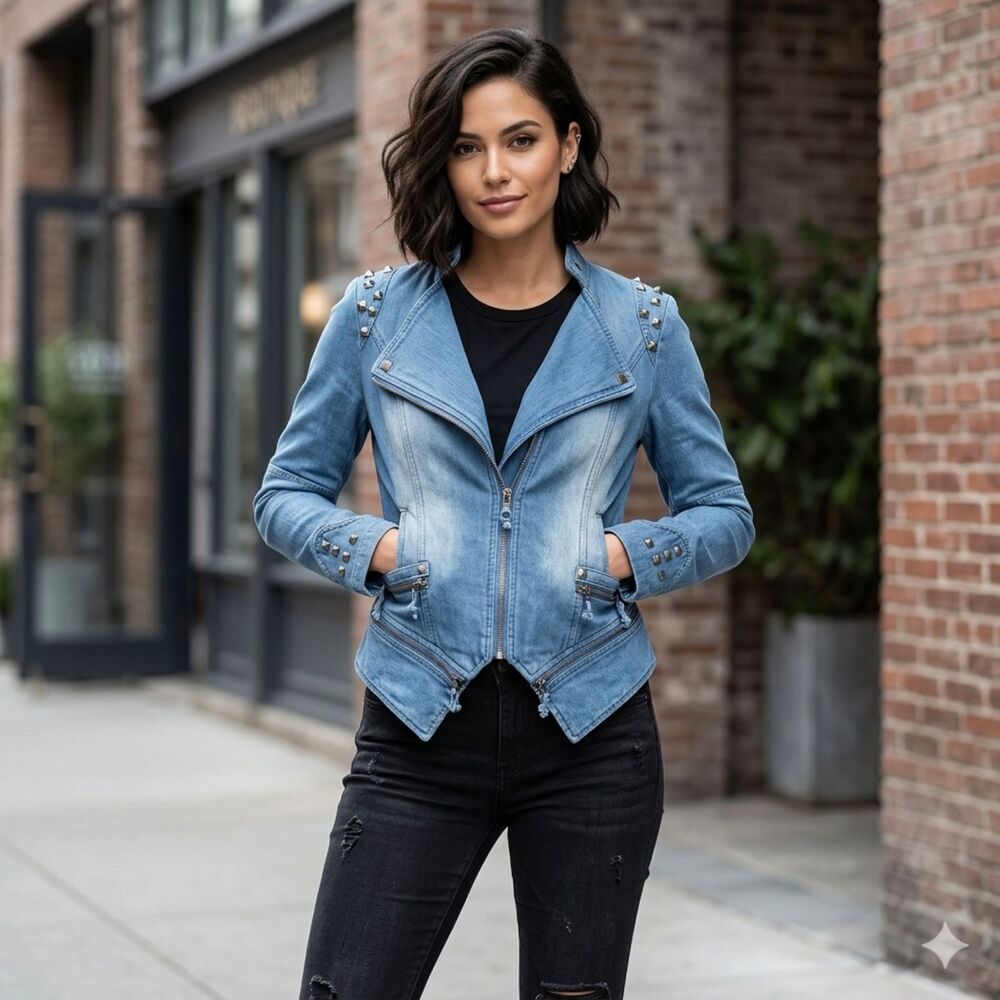 Chou Yatou Blue Denim Moto Jacket Size Extra Small NWT